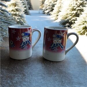 Set of 2 Holiday Joy Snowman Snowflake Birdhouse Winter Christmas Ceramic Mugs